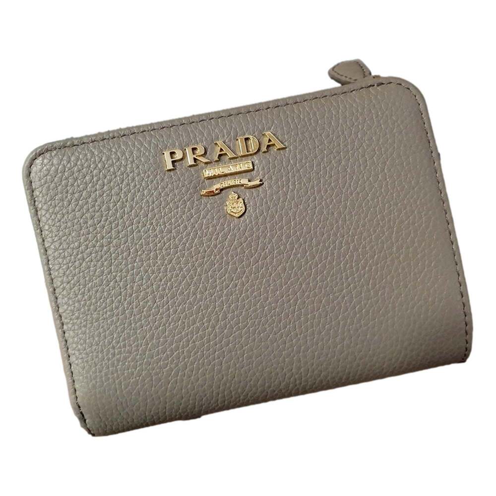 Prada Vitello Grain Argilla Grey Leather Small Wallet with Zipper Gold Plaque